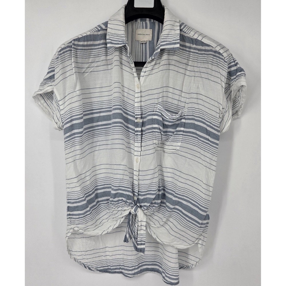 American Eagle Shirt Womens Size Large Blue White Striped Button Up Front Knot